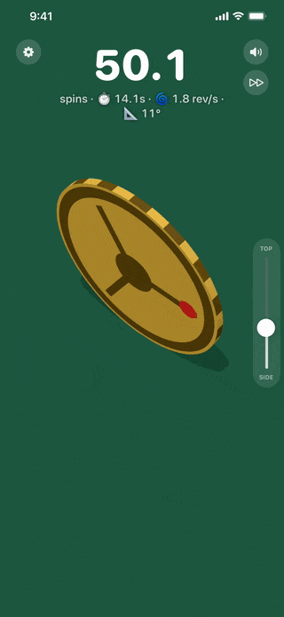 A gold coin spinning on green felt, wobbling, leaning and clattering flat, then the run is scored.